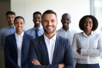 A diverse group of professional business people with a confident male leader at the forefront smiling. Professional Team with Confident Leader Portrait