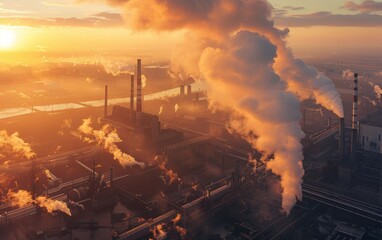 metallurgical plant smoke bad ecology top view - obrazy, fototapety, plakaty