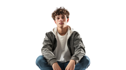 Young man sitting cross-legged on the ground, lost in thought