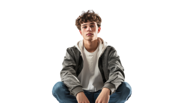 Young man sitting cross-legged on the ground, lost in thought - Powered by Adobe