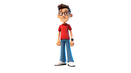 A bespectacled cartoon character wearing a vibrant red shirt