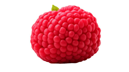 A vibrant raspberry with a fresh green leaf resting atop it