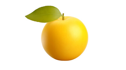 A vibrant yellow apple adorned with a fresh green leaf on top
