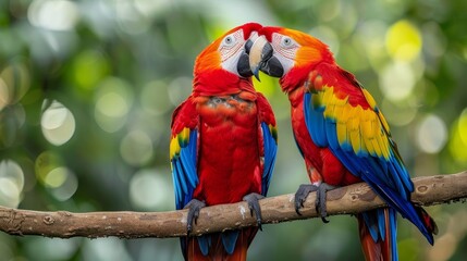 Obraz premium Scarlet macaw pair perched on branch, blurred background, ideal for text placement