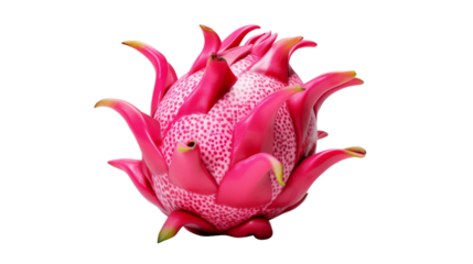 A vibrant dragon fruit in close-up, showcasing its unique shape and bright pink color, set against a clean white background
