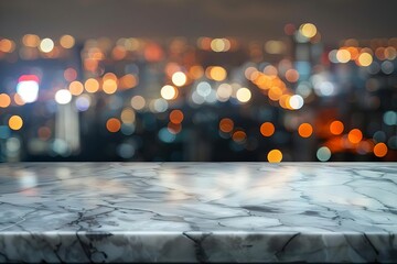 Glossy marble table top against a blur of city lights at night Offering an urban Sophisticated backdrop for product display or modern lifestyle themes - obrazy, fototapety, plakaty