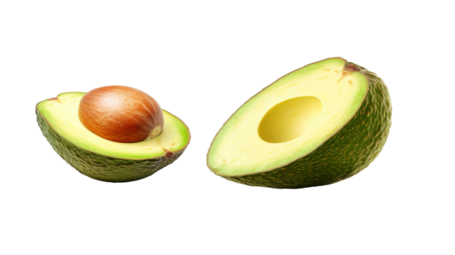 A halved avocado revealing a nestled apple within