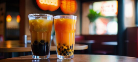  The delicious fresh flavors of bubble tea served at a local restaurant , tea and fruit infused....