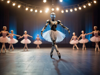 Robot adorned in ballet attire gracefully dances among human ballet dancers on well-lit stage