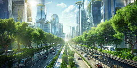 Fototapeta premium Futuristic Cityscape with Lush Greenery and Advanced Architecture Bathed in Sunlight