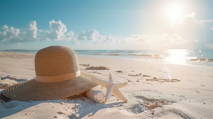 Summer Beach Essentials with Straw Hat and Starfish