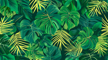 Lush green and yellow tropical leaves create a vibrant and dynamic background, showcasing the beauty of natures rich colors and textures. Banner. Copy space