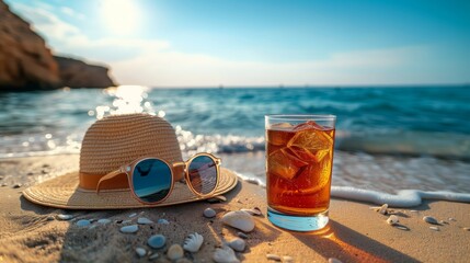 Fototapeta na wymiar Summer Beach Accessories with Refreshing Drink on Sand