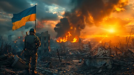 Ukrainian military man soldier with the Ukrainian flag in hands on the background of an exploded houses. Resistance to russian invasion concept. - obrazy, fototapety, plakaty
