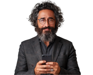 Man with suite and beard smiling using phone isolated on white