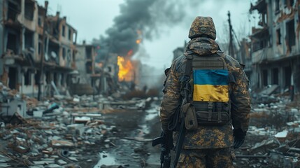 Ukrainian military man soldier with the Ukrainian flag in hands on the background of an exploded houses. Resistance to russian invasion concept.