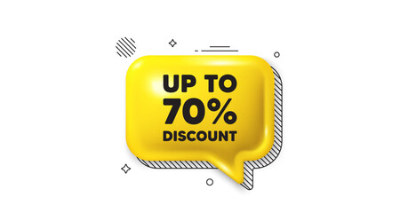 3d speech bubble icon. Up to 70 percent discount. Sale offer price sign. Special offer symbol. Save 70 percentages. Discount tag chat talk message. Speech bubble banner. Yellow text balloon. Vector