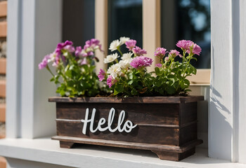 Charming wooden planter with word “Hello”, filled with vibrant, blooming flowers, placed on window sill, radiating warm and welcoming vibe