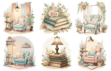 Reading lovers set. Watercolor illustration of a cozy corner in a living room with an armchair and a bookcase in natural colors.