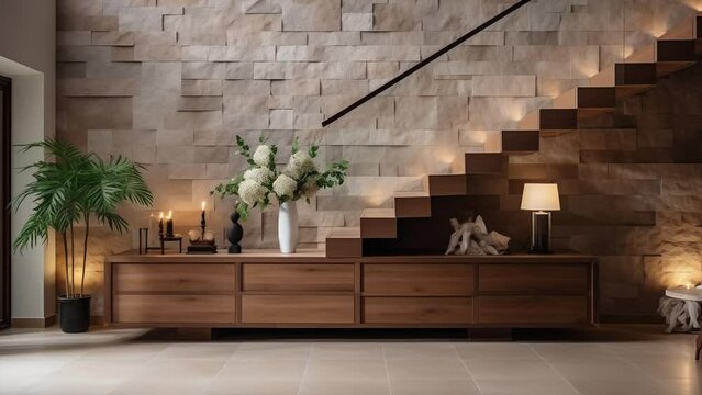 Mur en pierre dans un couloir spacieux avec escalier. Design d'intérieur minimaliste de luxe avec entrée moderne dans une villa.