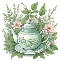 Herbal tea with herbs and plants: chamomile, peppermint, rose hip, echinacea. Healthy food, bio, organic, natural product, herbal tea. Watercolor illustration isolated on white background
