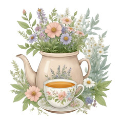 Herbal tea with herbs and plants: chamomile, peppermint, rose hip, echinacea. Healthy food, bio, organic, natural product, herbal tea. Watercolor illustration set isolated on white background