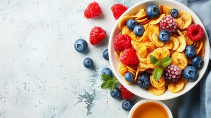 Healthy american breakfast with cornflakes, berries, and honey on white background