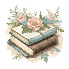 Hand drawn illustration - a stack of books and flowers in gentle colors. Watercolor illustration for greeting card, flyers, magazines, websites