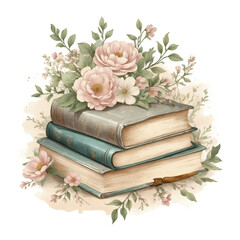 Hand drawn illustration - a stack of books and flowers in gentle colors. Watercolor illustration for greeting card, flyers, magazines, websites