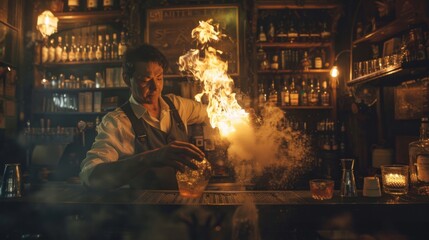 A professional bartender creates a dramatic flaming cocktail at a vintage bar, showcasing skill and entertainment.