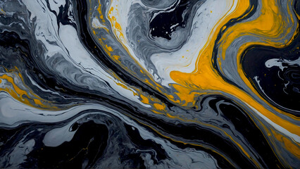 Swirling Abstract Art of Black, White, and Yellow Paint Mixtures - obrazy, fototapety, plakaty