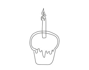 Continuous one line drawing of Easter Kulich cake with a lit candle. Traditional Easter cupcake. Birthday cake. Vector isolated on white backdrop Design element for print, greeting, scrapbooking.