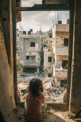 Child Gazing at a War-Torn Cityscape. Generative ai