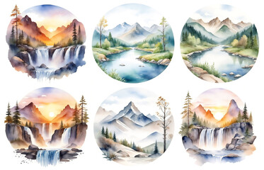 Forest landscape watercolor illustration set, circle design. Nature scenery with mountains and waterfalls on horizon