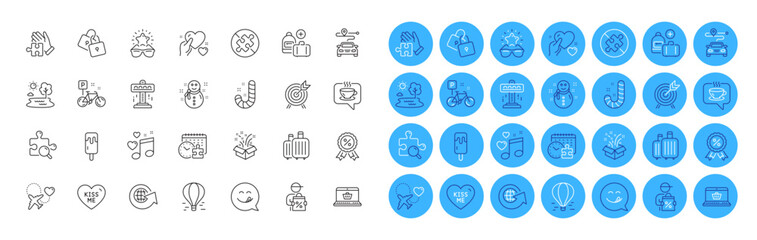 Search puzzle, World globe and Lake line icons pack. Honeymoon travel, Journey, Delivery discount web icon. Baggage, Love music, No puzzle pictogram. Kiss me, Hold heart, Locks. Vector