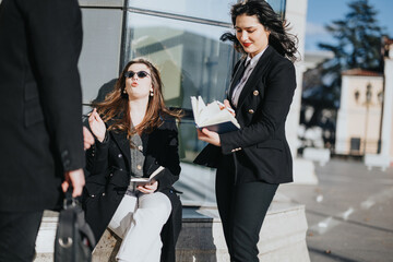 Two young businesswomen engaging in a collaborative discussion outdoors, reflecting the energy and...