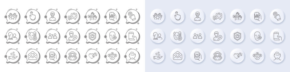 Eye detect, Like and Bell alert line icons. White pin 3d buttons, chat bubbles icons. Pack of Stress, Food app, Chess icon. Hand click, Video conference, Cursor pictogram. Vector
