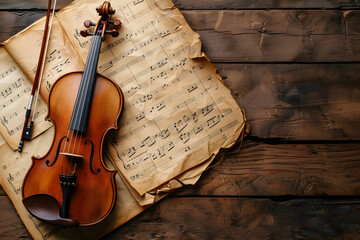 Beautiful violin on sheet music - obrazy, fototapety, plakaty