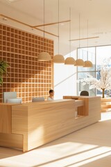 Modern Reception Area with Wooden Grid Design. Generative ai
