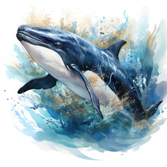 Watercolor illustration whale with wave background art wallpaper, print, poster, wall painting, interior - generative AI