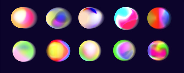Set of vector illustration featuring an abstract radial gradient blur in shades of purple,green and  blue.Vibrant set of aura glow rounds with a soft  dot neon element.Color holographic round shapes.W