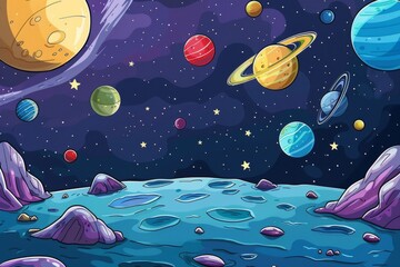 Space background illustration for kids with planets and stars from surface of Moon 