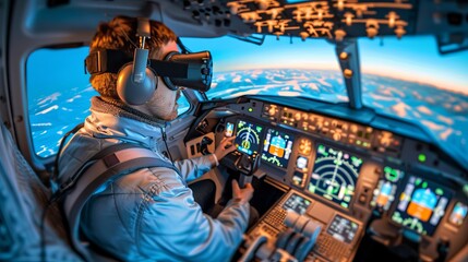 Virtual reality flight simulator  man in vr glasses controls aircraft in aviation school exam.