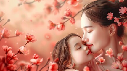 Obraz na płótnie Canvas A Mother's Embrace Amidst Spring Blossoms. Generative ai