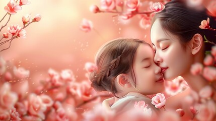 Obraz na płótnie Canvas A Mother's Embrace Amidst Spring Blossoms. Generative ai