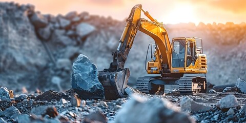 Excavator showcasing immense strength by relocating huge boulder at construction site. Concept Construction Equipment, Heavy Machinery, Demolition, Building, Engineering
