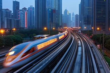 High-speed train passing through a futuristic city at dusk Showcasing the integration of modern transportation with urban development.