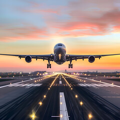Fototapeta na wymiar Silhoutte of airplane landing or taking off at sunset
