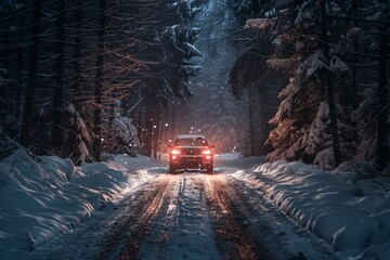 The car drives through a dark snowy forest at night. A snowstorm got in the way. Slippery snowy road