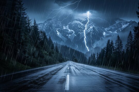 night road through forest and mountains, rain and storm with lightning
